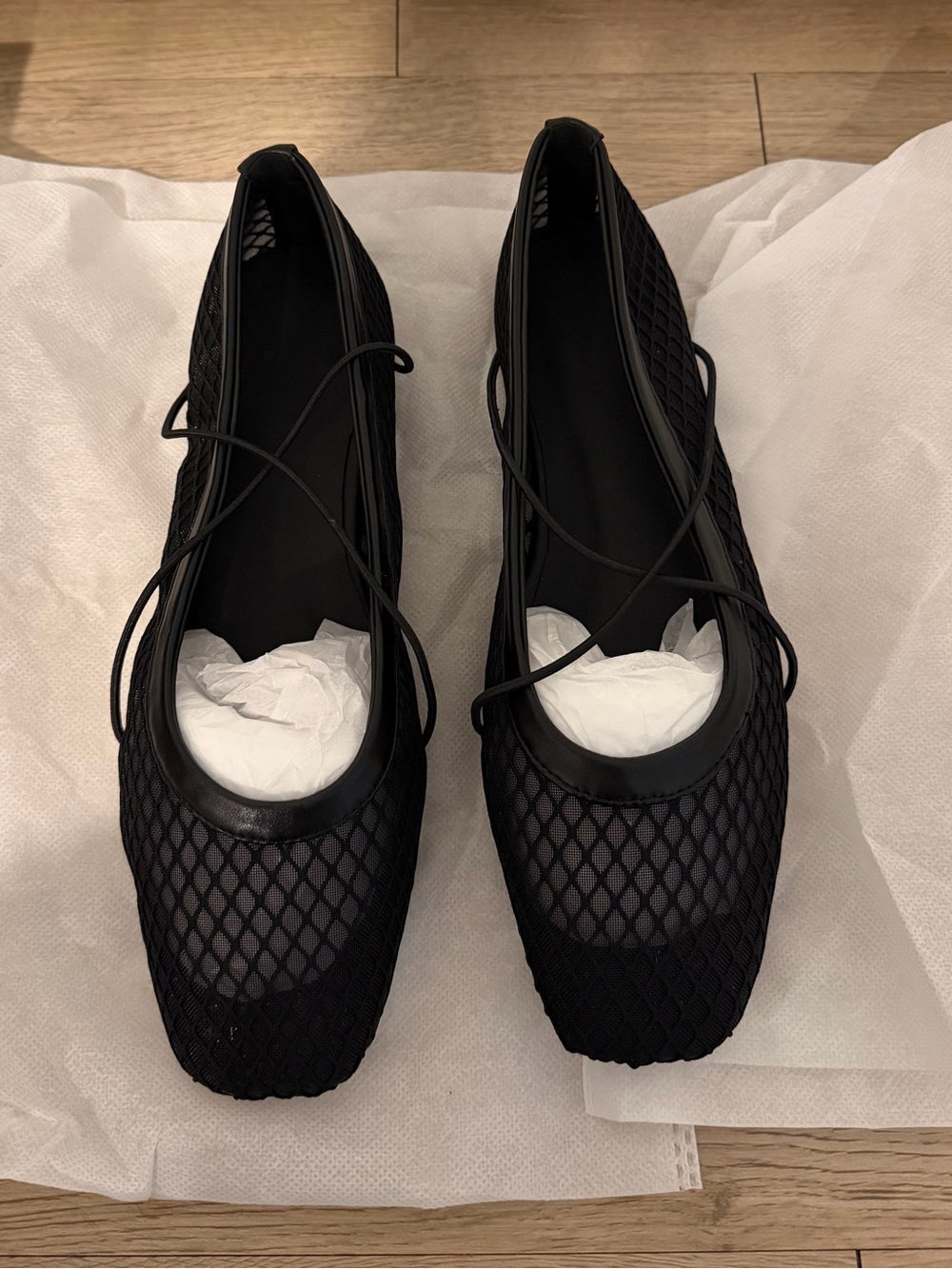 NWT Black Square Toe Mesh Ballet Mary Jane Flats Criss-Cross Straps